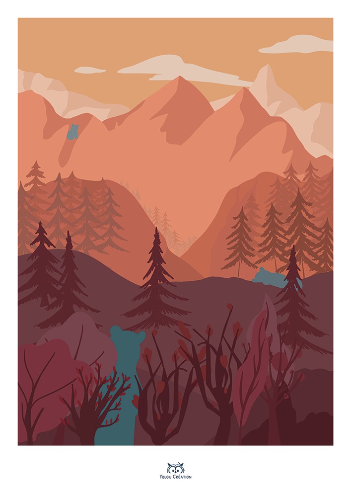 Paysage de Montagnes avec Ours Bleu Vert